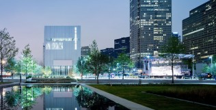 view of the Wyly Theatre and Downtown Dallas skyline at night view of the Wyly Theatre and Downtown Dallas skyline at night