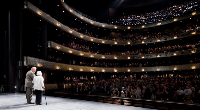 Margaret McDermott with Tom Engibous on Winspear Opera House stage in 2009. Photo by Iwan Baan. Margaret McDermott with Tom Engibous on Winspear Opera House stage in 2009. Photo by Iwan Baan.